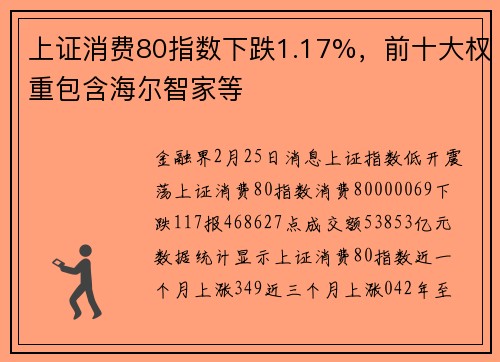 上证消费80指数下跌1.17%，前十大权重包含海尔智家等