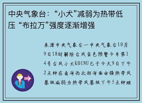 中央气象台：“小犬”减弱为热带低压 “布拉万”强度逐渐增强