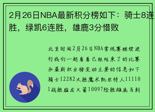 2月26日NBA最新积分榜如下：骑士8连胜，绿凯6连胜，雄鹿3分惜败