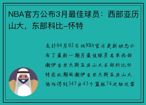 NBA官方公布3月最佳球员：西部亚历山大，东部科比-怀特