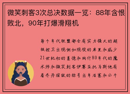 微笑刺客3次总决数据一览：88年含恨败北，90年打爆滑翔机