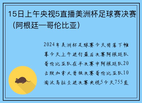 15日上午央视5直播美洲杯足球赛决赛（阿根廷—哥伦比亚）