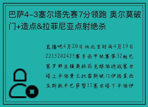 巴萨4-3塞尔塔先赛7分领跑 奥尔莫破门+造点&拉菲尼亚点射绝杀